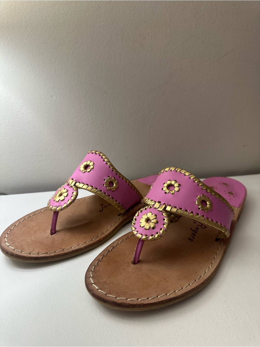 Jack Rogers Pink and Gold Sandals with Whipstitch Medallions - Picture 4 of 8